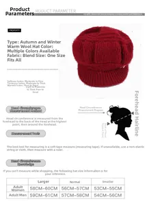 Size chart for knit visor hat with head measurement guide and adult dimensions