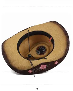 Detailed view of straw cowboy hat featuring floral embroidery and adjustable wind rope