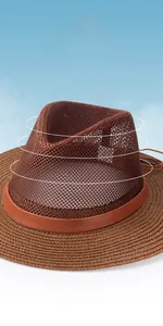Detail view of breathable brown sun hat with ventilated mesh crown and leather strap