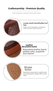 Detail view of brown woven straw hat showing breathable mesh crown and leather strap