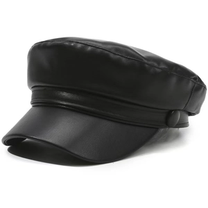 Detailed view of the glossy black PU leather baker boy hat with strap and side buttons