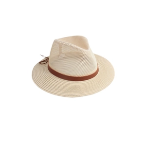 Breathable men's straw sun hat with mesh crown and brown leather band for summer beach