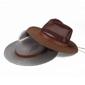 Breathable wide brim straw cowboy hat with mesh top and leather band for sun protection