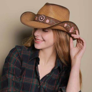 Caramel brown straw cowboy hat with pink flower embroidery and side decorative band