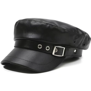 Detail shot of black leather flat top cap with silver metal buckle and side eyelets