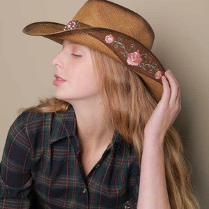Brown straw cowboy hat with pink flower embroidery and white pearls for sun protection