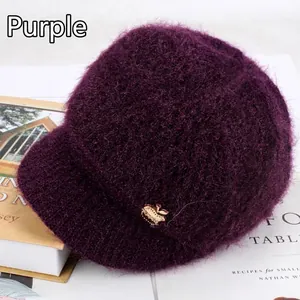 Winter fleece-lined knit newsboy hat for women in deep purple with golden apple logo