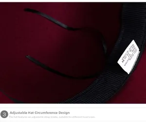 Detail view of burgundy wool hat interior with adjustable black drawstring and size tag