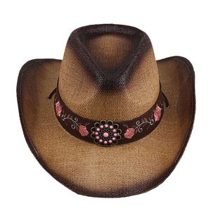 Brown gradient straw cowboy hat with pink floral embroidery and turquoise bead decorative band