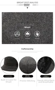 Detail view of dark grey wool felt bucket hat showing stitching and inner sweatband
