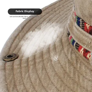 Macro detail of khaki outdoor hat fabric with ethnic woven band and brass air vent