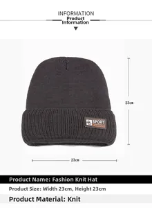 Detail view of dark grey winter beanie with size 23x23cm measurements and sport patch