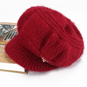 Women Winter Knitted Peaked Newsboy Cap Warm Fleece Lined Beanie Hat With Rhinestone Metal Buckle Solid Color Elegant Mom Gift