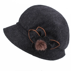 Elegant dark grey wool flower bucket hat for women with retro brown stitching and pom-pom