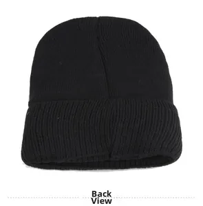 Back view of a black ribbed knit beanie showing high-quality stitching and thick texture