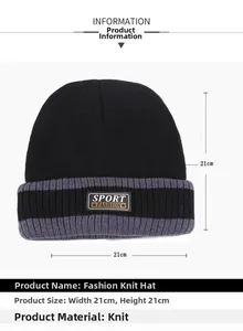 Detail of black knit beanie featuring grey-purple stripes and Sport Fashion label