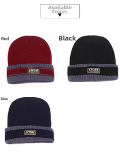 Detail view of red, black, and blue fleece-lined beanies with SPORT woven patches