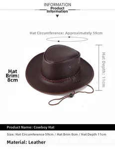 Detailed size specifications for dark brown leather cowboy hat with 59cm circumference
