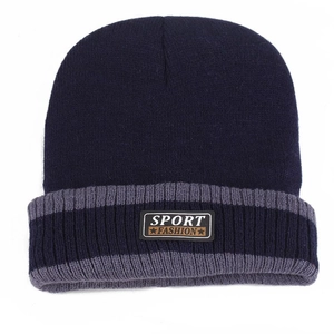 Navy blue winter beanie with striped cuff and Sport Fashion patch for men