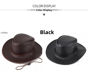 Detail of coffee and black cowboy hats with braided trim and metal eyelets