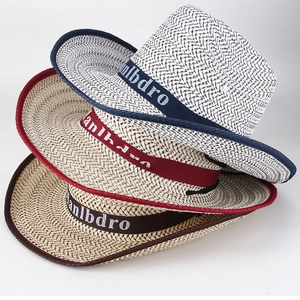 Men's Summer Cowboy Hat Sun Protection Breathable Wide Brim Straw Look Polyester Beach Hat With Letter Band Decoration
