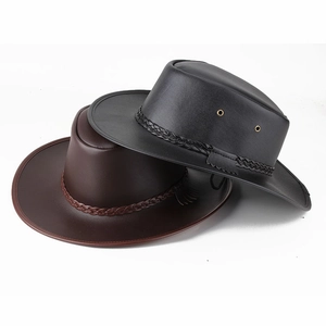 Classic wide brim western cowboy hat in black and brown leather with braided band