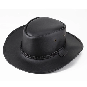 Classic black leather cowboy hat with woven decorative band and golden metal eyelets
