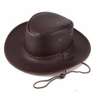 Men's Vintage Artificial Leather Cowboy Hat With Braided Band Metal Eyelets Wide Brim Outdoor Sun Hat For Riding Camping