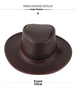 Detailed front view of dark brown cowboy hat with leather cord and feather pendant