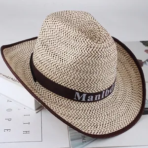Detail of straw cowboy hat with dark brown trim and mesh texture for sun protection