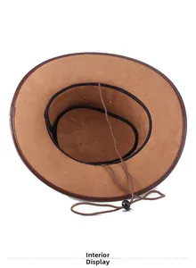 Interior detail of a brown suede cowboy hat showing the adjustable chin strap and lining
