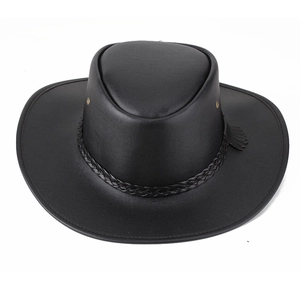 Black western cowboy hat with wide brim, faux leather texture and braided decorative band