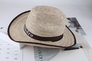 Detail of straw cowboy hat with nlbdro ribbon and wide brim on fashion magazine