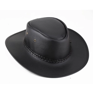 Classic black leather western cowboy hat with woven band and metal ventilation eyelets
