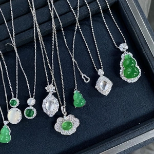 S925 sterling silver necklaces with green agate and jadeite pendants in varied shapes