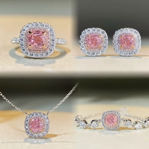 925 Sterling Silver Pink Cushion Cut Zirconia Jewelry Set Halo Square Pendant Necklace Earrings Bracelet For Women Gift