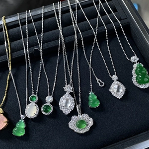 Collection of S925 silver necklaces with emerald green agate and chalcedony pendants