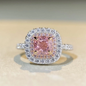 Luxurious S925 silver ring featuring a radiant cut pink gemstone with double halo diamonds