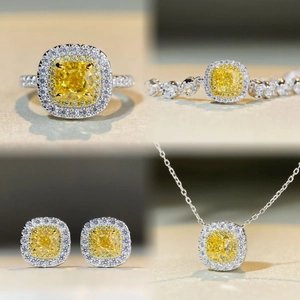 Luxueux Ensemble de Bijoux en Argent Sterling 925 Double Halo Coupe Coussin Strass Jaune pour Femmes Collier Boucles Bracelet