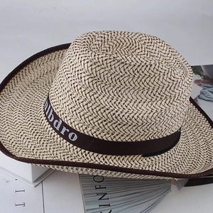 Breathable mesh straw cowboy hat with sun protection brim and decorative band