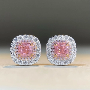 Pink cushion-cut halo earrings in S925 sterling silver with sparkling zircon stones