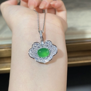 S925 sterling silver Ruyi necklace featuring a green chalcedony pendant with pavé crystals