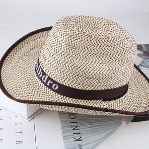 Straw cowboy sun hat in beige with dark brown trim and embroidered band for summer