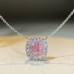 S925 silver necklace with radiant cut pink zircon pendant surrounded by white crystals