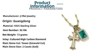 S925 silver 18K gold chain with 2ct emerald cut green stone and cross pendant
