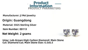 Macro detail of heart-shaped 925 silver stud earrings with 6.5mm carbon diamond stone