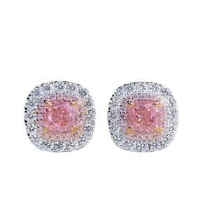 S925 sterling silver double halo stud earrings featuring square pink zircon stones