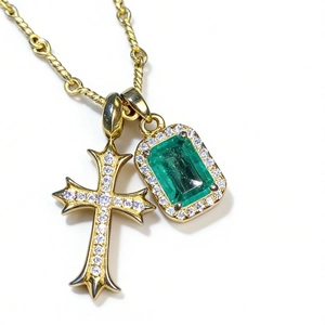 18K gold plated S925 silver necklace with emerald cut stone and gothic iced-out cross
