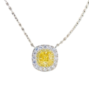 Collier luxueux en argent sterling S925 avec pendentif en pierre jaune taille coussin