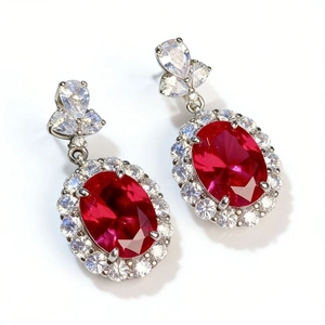 S925 sterling silver ruby earrings with vintage oval red gemstones and white zircons